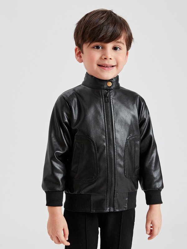 Toddler Boys Slant Pocket Zipper PU Leather Jacket SHE