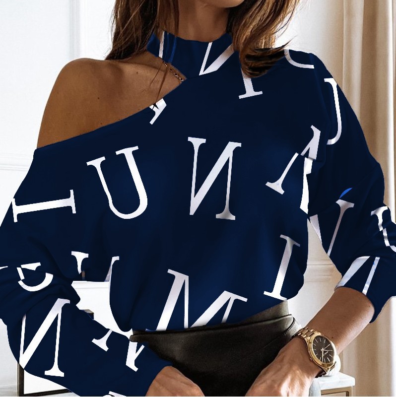 Women's Blouses & Shirts Women Elegant Fashion Long Sleeve Tops Could Shoulder Letter Casual Blouse