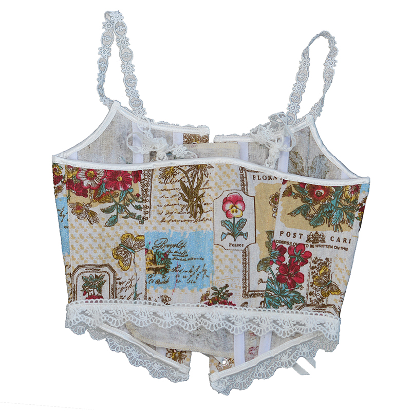 Women Bloom Garden Printed Lace Camis Bustier Crop Fashion Linen Tanks Vintage Plastic Boned Overbust Cropped Corset Tupe Tops Cyber Baby Tee Ropa Fai