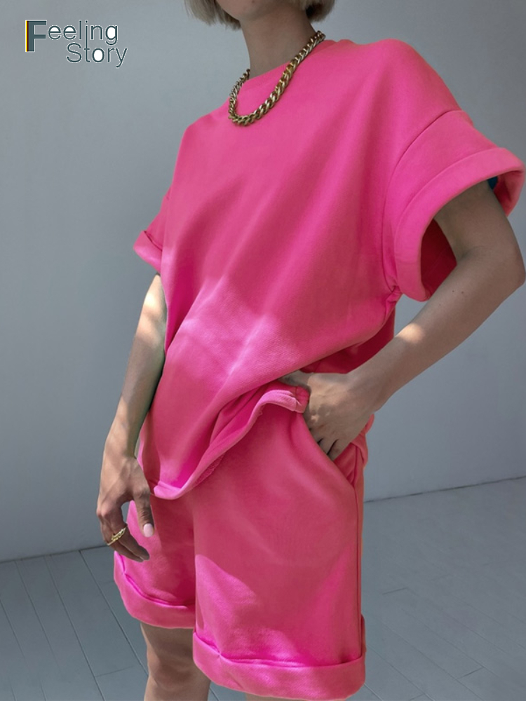 Casual 100% Cotton Summer 2 Pieces Sets Women Suits Short Sleeve T-shirt and Shorts Woman Loose Oversize Classic Tracksuit 220509
