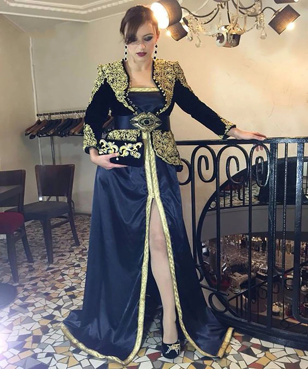 Karakou Algerien Black Arabic Prom Dresses 2022 Long Sleeve Peplum Gold Lace Front slit Dubai Evening Dress Robe Soiree