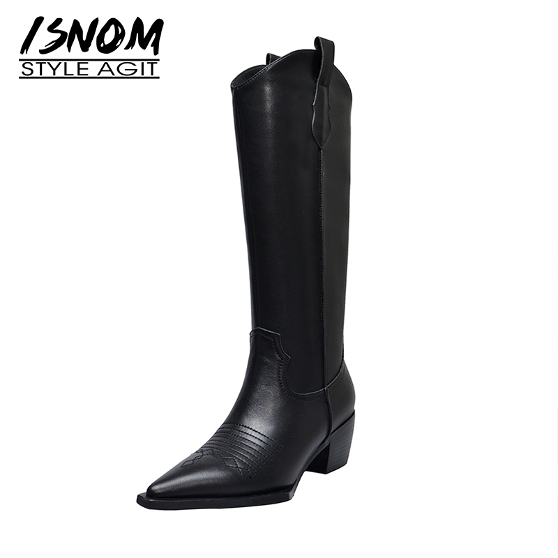 ISNOM Western Boots Women Knee High Cowboy Boots Fashion Pointed Toe Sewing Shoes Female High Heels Thick Shoes Ladies Autumn Y200115