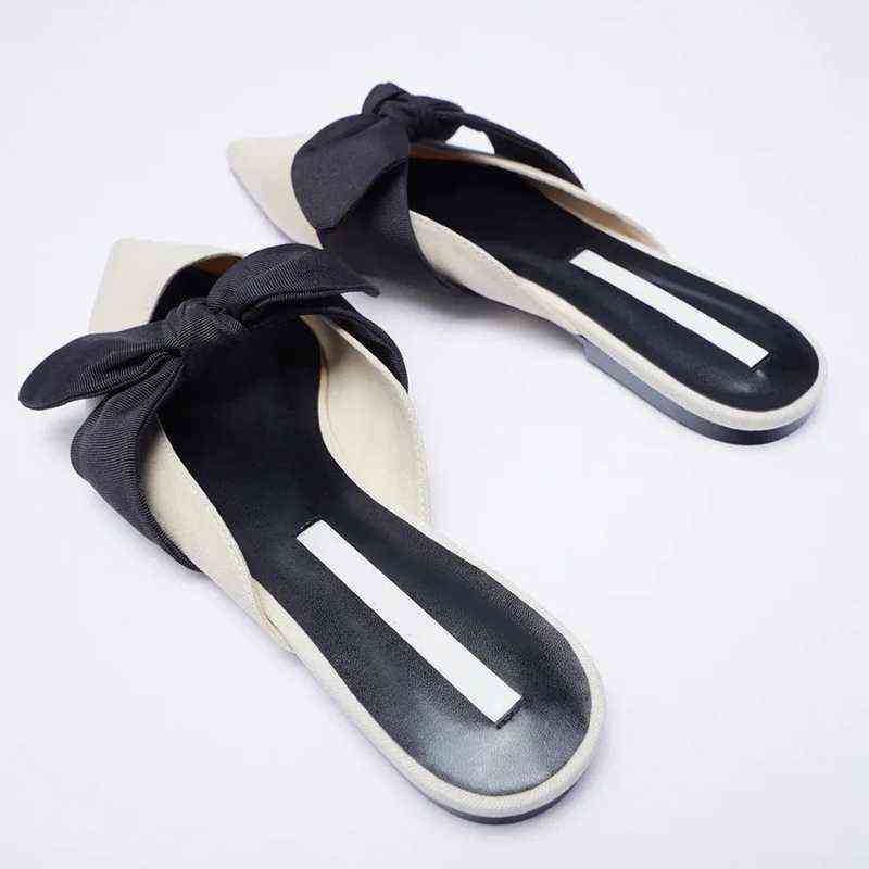 Sandals Shoes For Women Flat Pointed-Toe Low Heels Slippers Half-Drag Beige bow Temperament Muller Woman 220412
