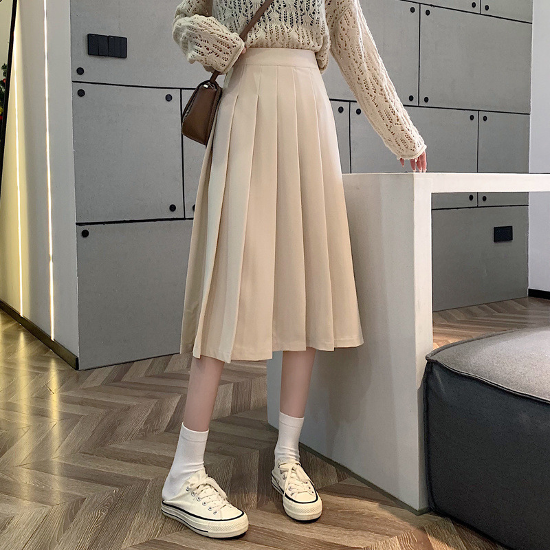 Black Pleated Skirt Half-length Female Autumn Style Korean High Waist Woman s 220322