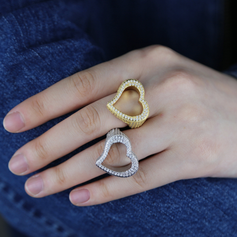 Full Micro Paved Iced Out Bg Cubic Zirconia Heart Ring Hip Hop Lover Rings Punk Jewelry for Men and Women Gold Plated Brass 2024