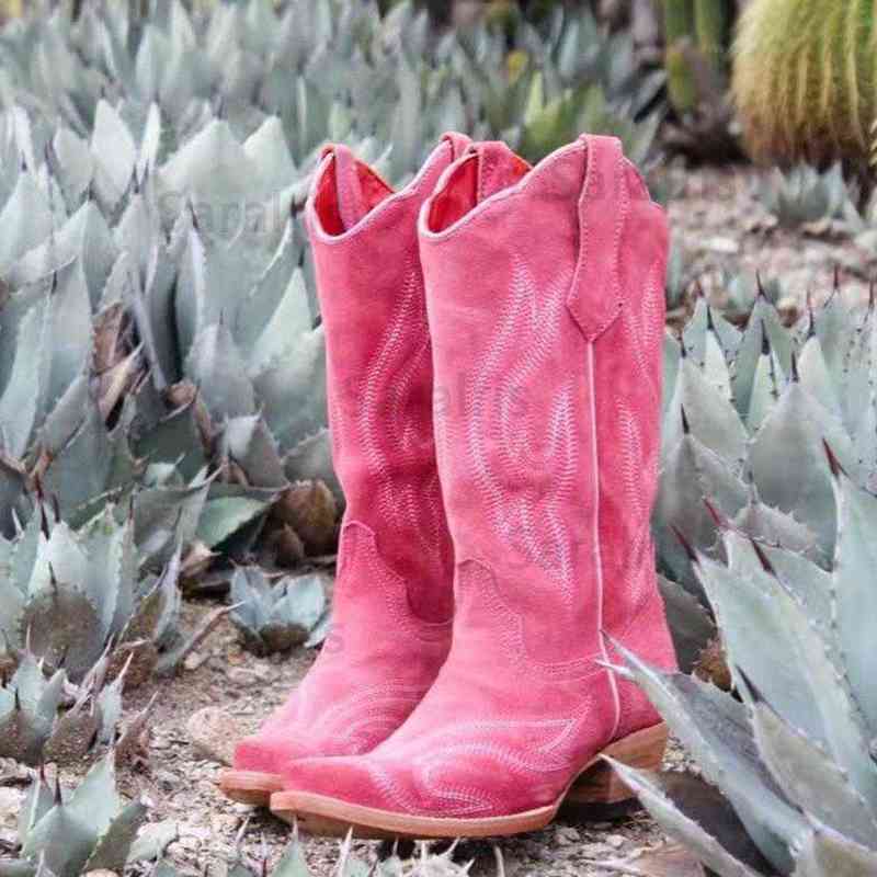 2022 New Trendy Spring Autumn Mid Calf Embroidered Western Boots Pointed Toe Comfort Low Heels Big Size 43 Women Cowboy Boots Y220707