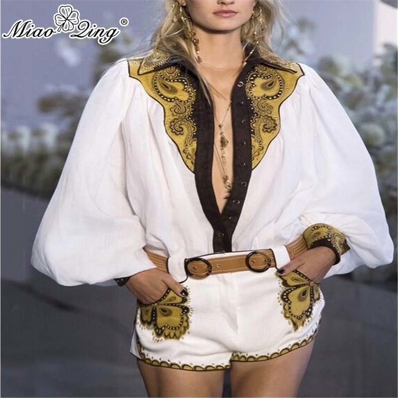 Miao Qing Summer Vintage Embroidery Women Two Piece Set Turndown Collar Outfit Long Lantern Sleeve Top And Short 2piece T200325