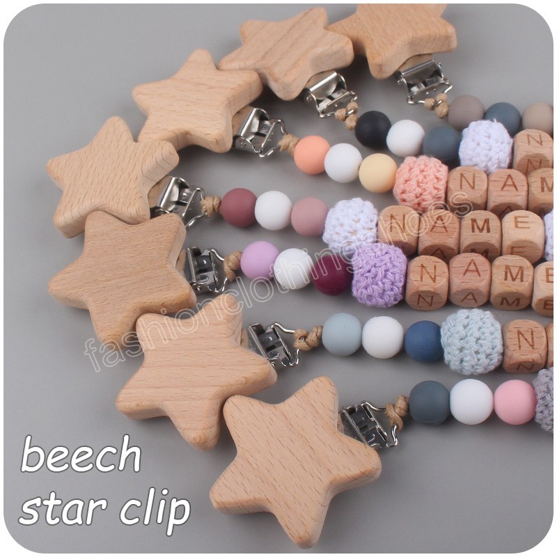 Newborn baby Silica gel Bead Pacifier Holders Beech Star Pacifier Clip Heart Teethers DIY Name Infant toddler Toys