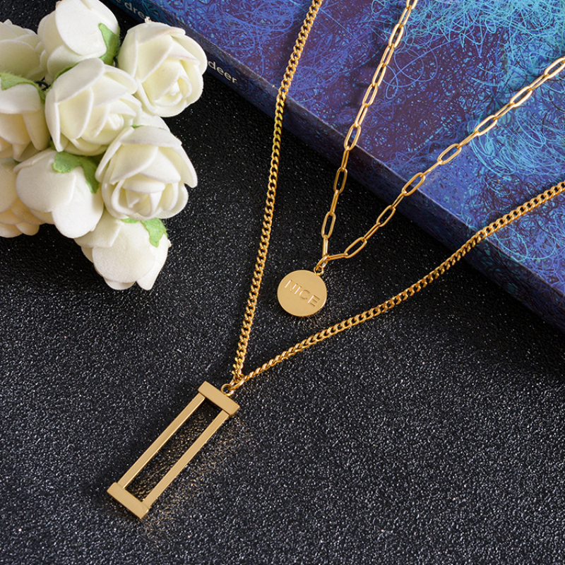Fashion Rectangle Pendant Multilayered Chain Round Nice Charm Necklace