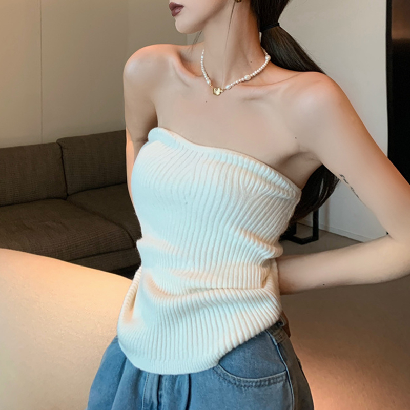 FORYUNSHES Ribbed Sexy Strapless Corset Top Solid Color Knitted Slim Camisole Autumn Korean Fashion Harajuku Y2K Clothes 220325