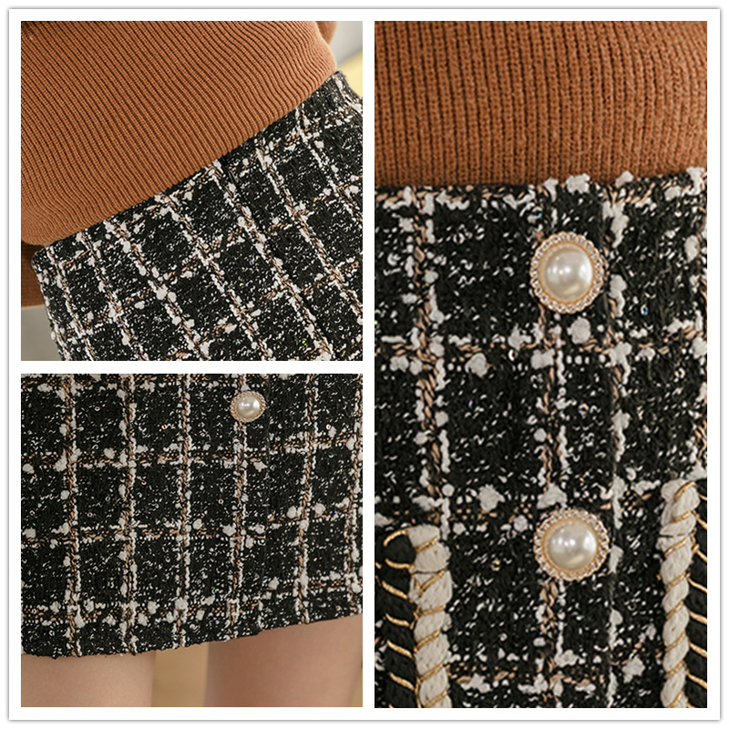 Tweed Skirts Women Autumn Winter Pearl Button Mini Pencil Plaid Wool Korean High Waist Elegant Ladies Skirt 220317