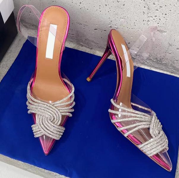 New rhinestone crystal high-heeled sandals and slippers women's pvc transparent cross rhinestones Roman banquet wedding holiday high heels sandal