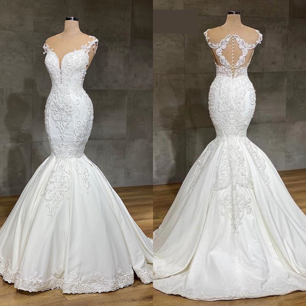 Wedding Elegant Dresses For Bride 2022 Beading Mermaid Bridal Gowns Satin Lace Applique Buttons Back Stylish Vestido De Novia