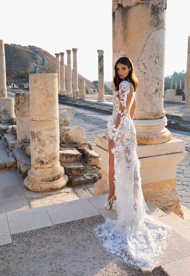 Arabia Mermaid Wedding Dress 2022 berta High Collar Side Slit Illusion Lace Appliques Long Sleeve Sweep Train Boho Bridal Gown
