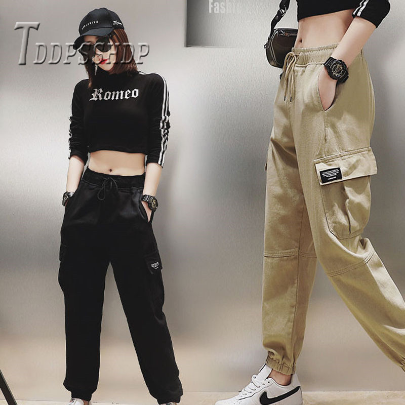 Cotton High Waist Cargo Pants Spring Pink Khaki Black Female Trousers 220325