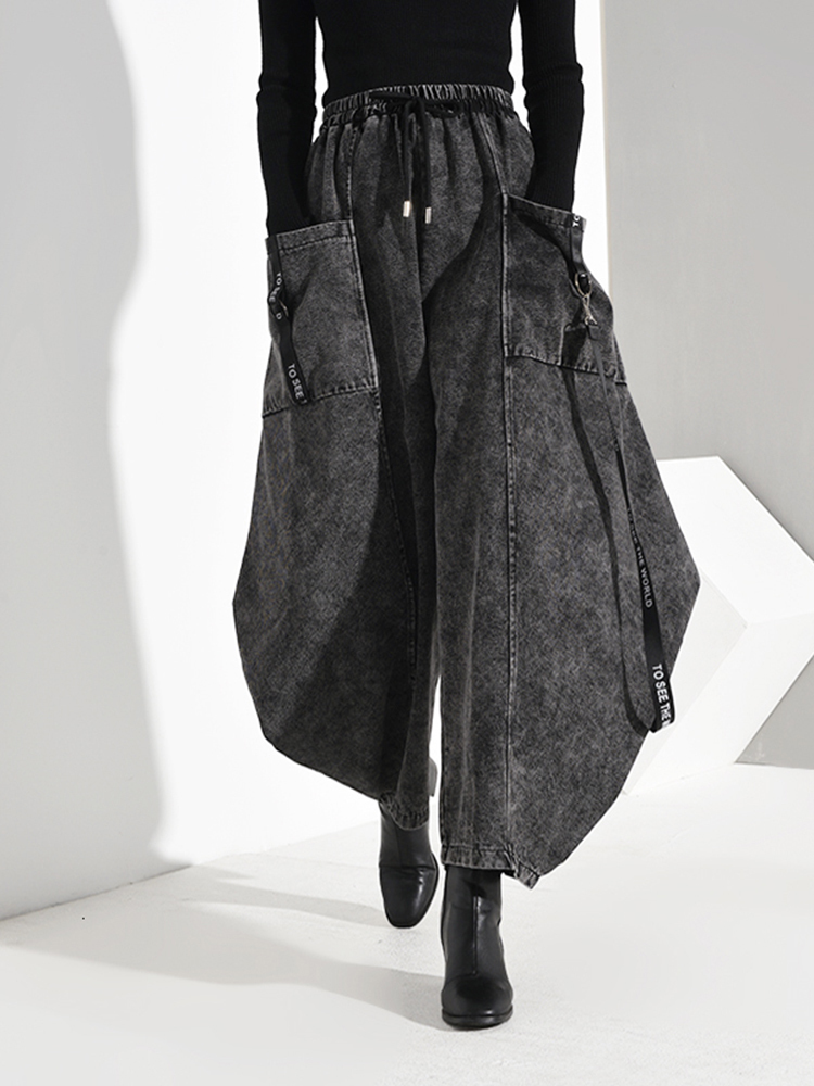 [EAM] High Elastic Waist Pocket Split Long Denim Wide Leg Trousers Loose Fit Pant Fashion Spring Autumn 1D 220325