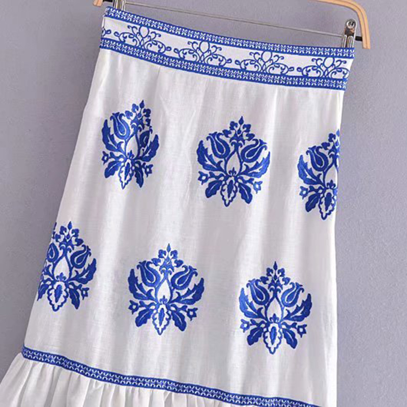 XEASY Women Blue Embroidery Linen Skirt High Waist Side Zip Vintage Summer Midi Skirts Fashion Ruffle Hem Female 220322