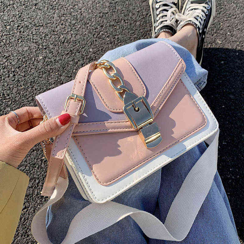 Evening Bags Fashion Chain Lady Sling Bag Panelled Color Pu Leather Crossbody for Women New Wide Strap Shoulder Messenger Ladies 220428