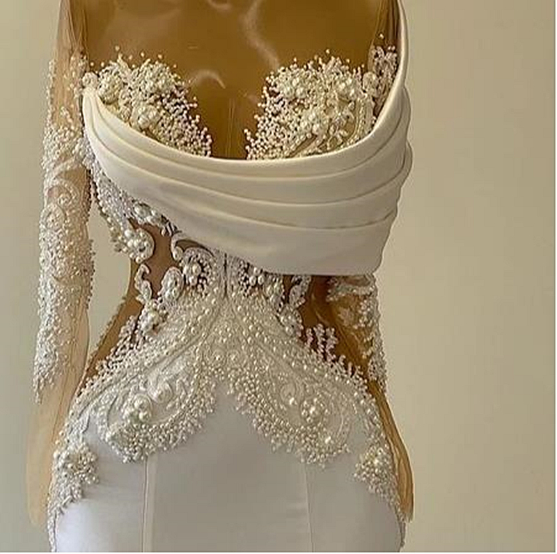 Elegant Pearls Beaded Mermaid Evening Dresses Illusion Long Sleeves Ivory Prom Pageant Dress African Women Trumpet Formal Event Gowns Robe De Soriee 2