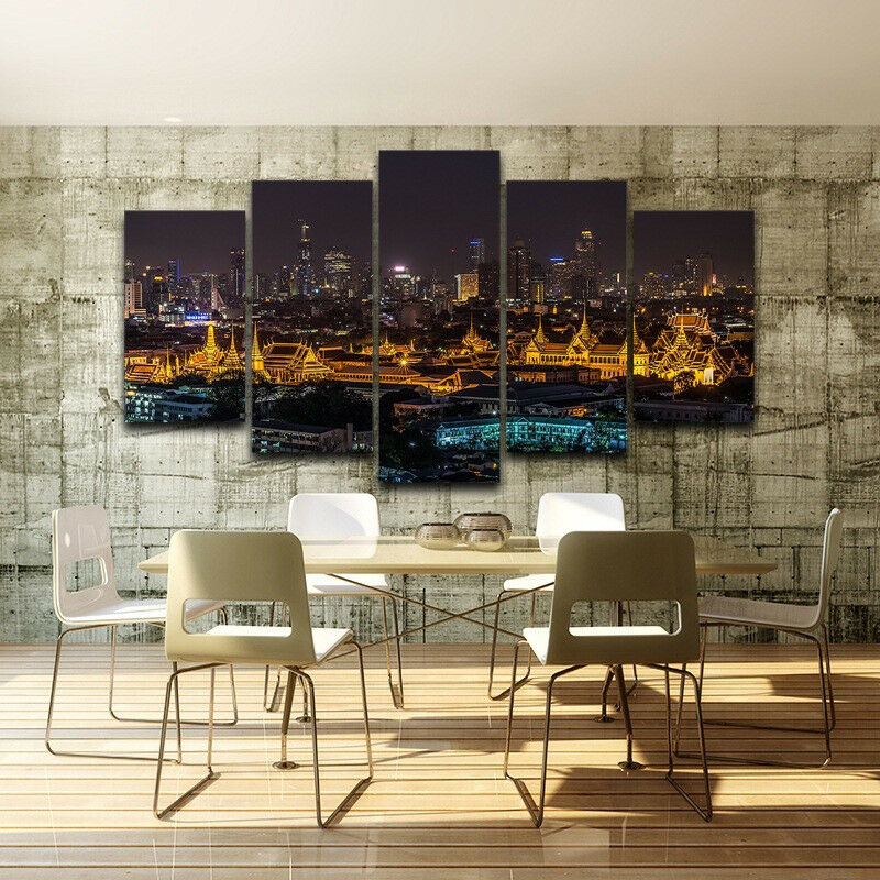 No Framed Grand Palace Bangkok At Night, Thailand 5 Pcs Canvas Picture Print Wall Art Canvas Painting Wall Decor for Living Room
