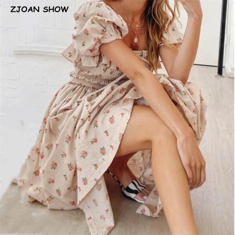 Women French Style Lacing up Ruffles Square Collar Floral Long Swing Dress Pink Backless Half Sleeve Dresses Vestido 220511