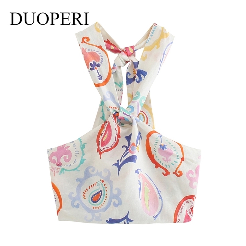 DUOPERI Fashion Printed Crop Top Women Casual Elastic Bust Chic Lady Halter Summer y2k s Female Camis 220316