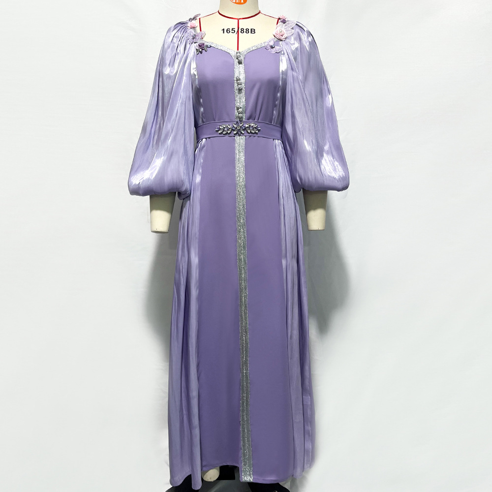 Fancy Lilac Butterfly Arabic Evening Dress Dubai Abaya Elegant A Line Puff Sleeve Prom Dresses Glitter Quicksand Muslim Dress Formal Special Occasion 