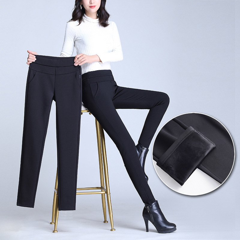 Elastic High Waisted Women Trousers Plus Size 4XL Ladies Office Work Pants Stretch Female Warm Velvet Black Blue Red 220325