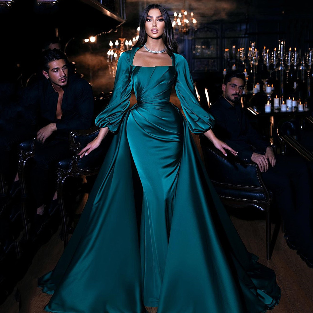 Green Mermaid Gown Prom Dresses Sexy Bateau Neck Satin Ruffles High Waist Long Sleeve Appliques Elegant Sweep Train Evening Formal Dresses Girls Gowns