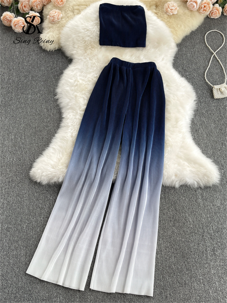 SINGREINY Women Summer Fashion Korean Set Sexy Off Shoulder Strapless Short Tops+High Waist Gradient Long Pants Two Piece Suits 220315