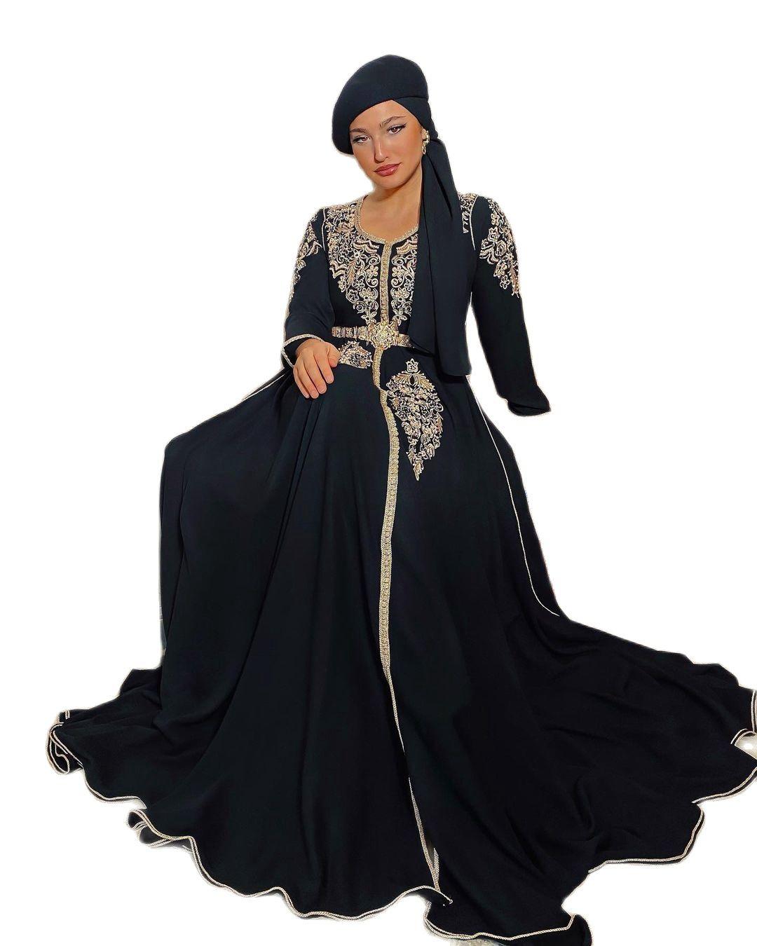 Black Applique Long Sleeves Moroccan Caftan Evening Dresses Party Solid Color Modern arabic Dubai Formal Prom Gowns Plus Size