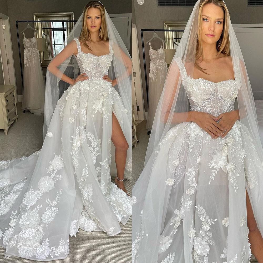 2025 New Fashion Exquisite White Wedding Dresses Appliques Beads High Spit Bridal Gowns Sweep Train Wedding Dresses Formal Occasion Customized Vestido