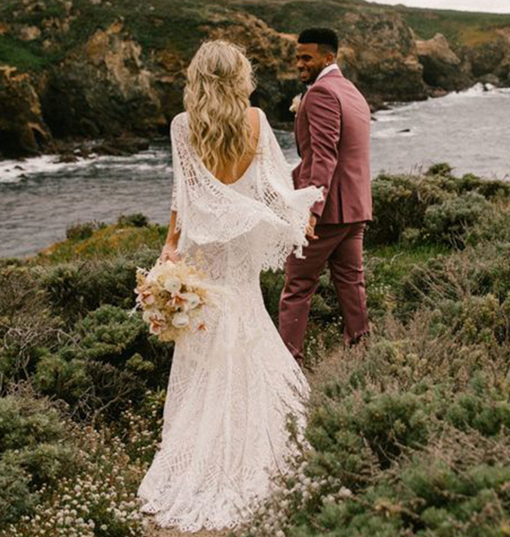 Flare Long Sleeve Bohemian Wedding Dresses 2022 V-neck Crochet Cotton Lace Hippie Beach Country Mermaid Bridal Dress Gown