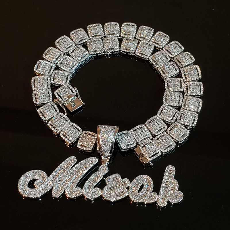 necklace moissanite chain Custom Brush Cursive Iced Out Letter Pendant Name Necklace Baguettes Chain Micro Paved CZ Personalized Hiphop Jewelry