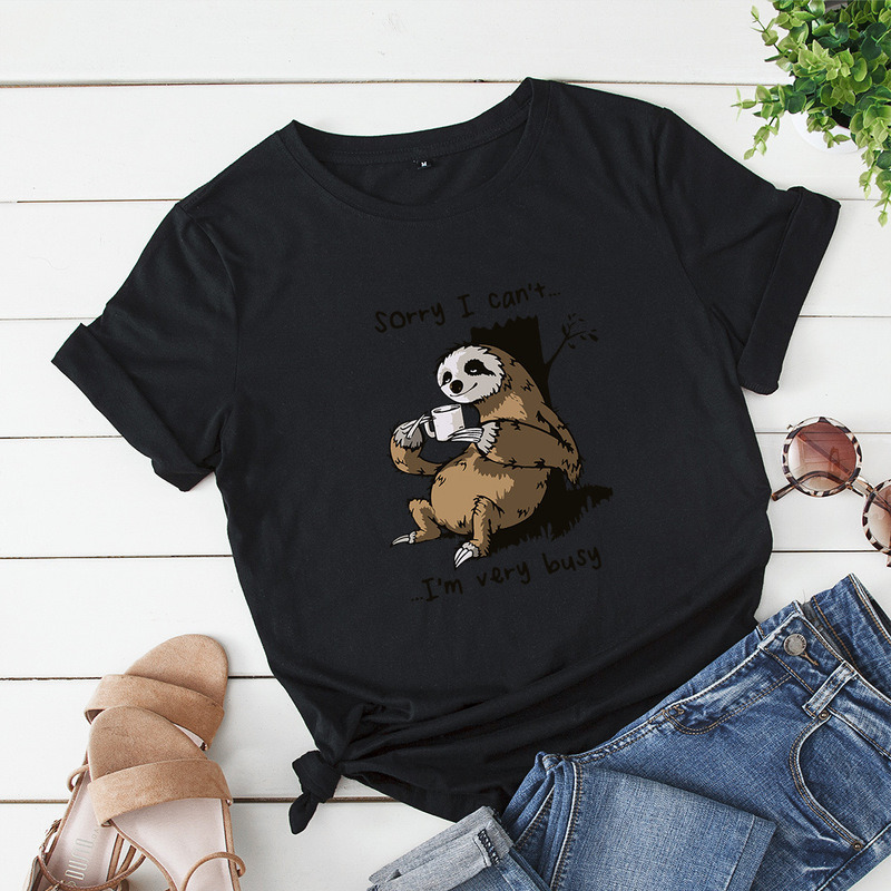 JCGO Women T-shirt Summer Short Sleeve Cotton Ladies Regular Cute Lazy Sloth Print Funny Casual O Neck Female T Shirts Tees Tops 220321