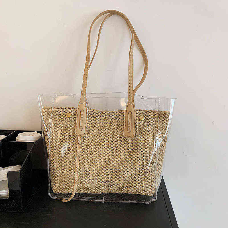 Beach Bags Large Capacity Women's Bag Summer Pvc Transparent Plastic Leisure Shoulder Simple Temperament Straw 220301