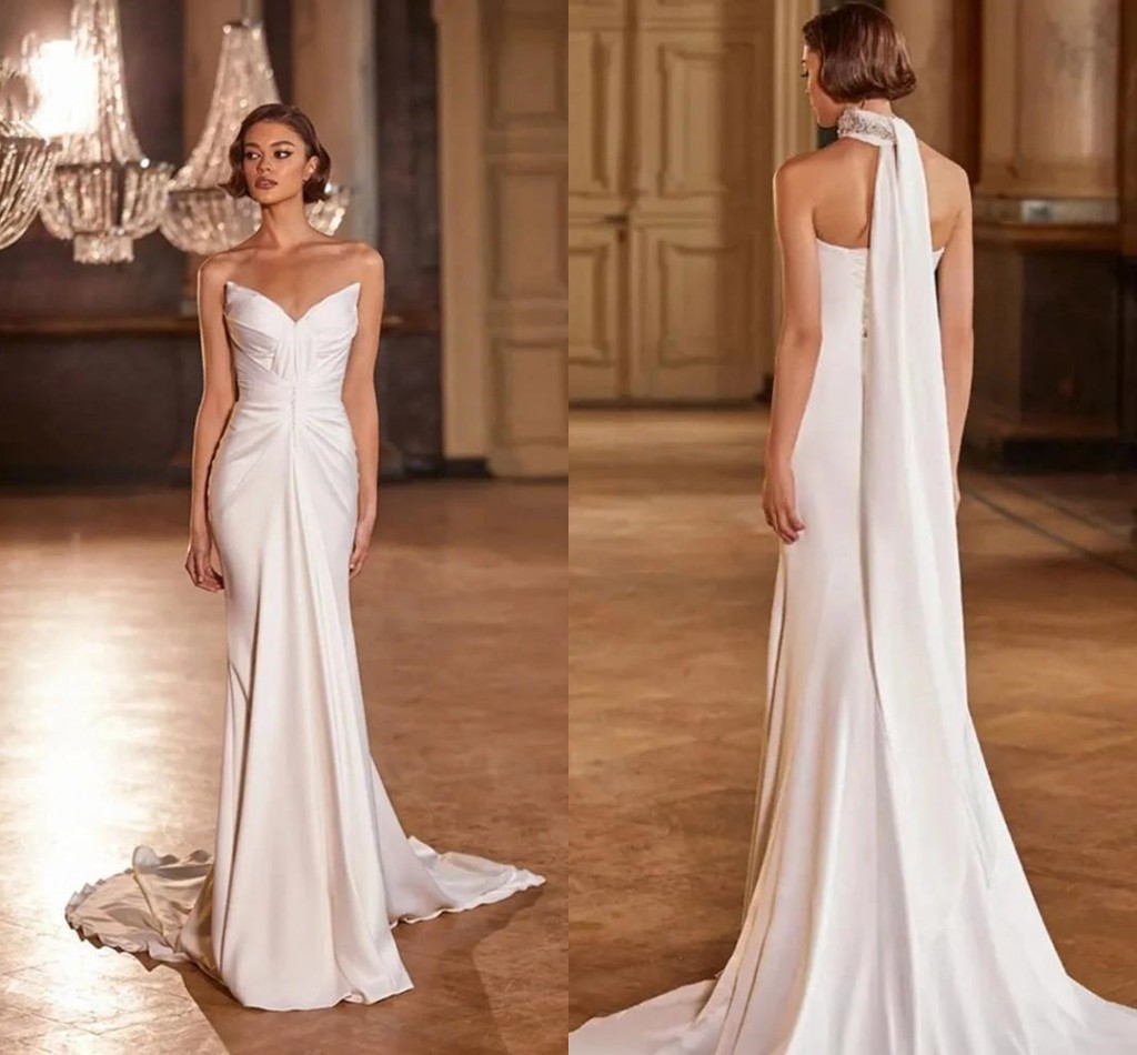 Soft Stain Chiffon Beach Mermaid Wedding Dresses with Scarf 2022 Sweethear Lace-up Corset Outdoor Garden Boho Greek Grace Bridal Gown