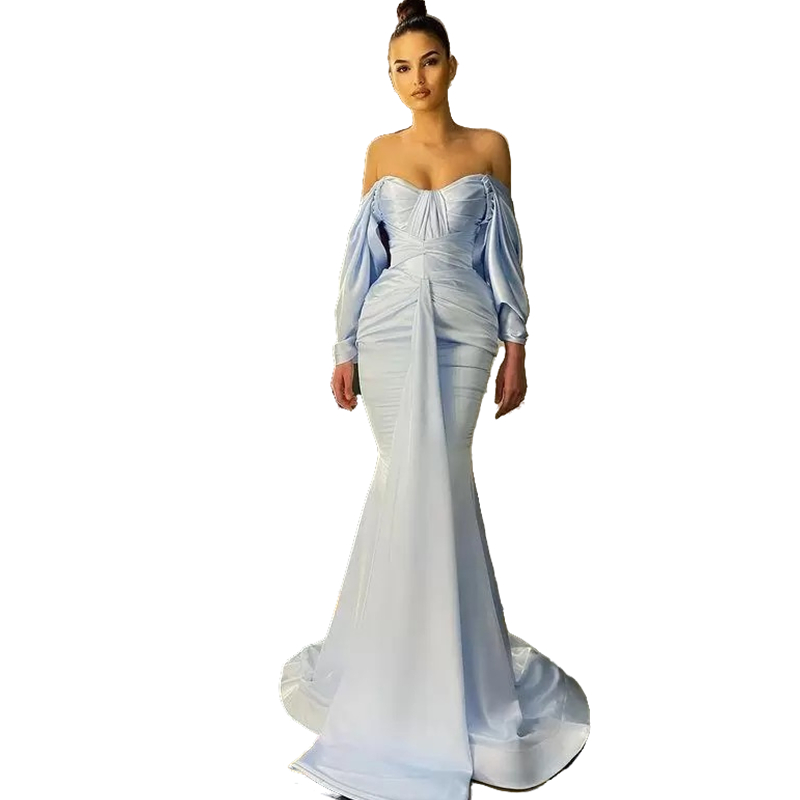 Elegant Baby Blue Aso Ebi Mermaid Evening Dresses Dubai Arabic Simple Off Shoulder Long Sleeve Formal Party Dress Satin Prom Gowns Special Occasion We