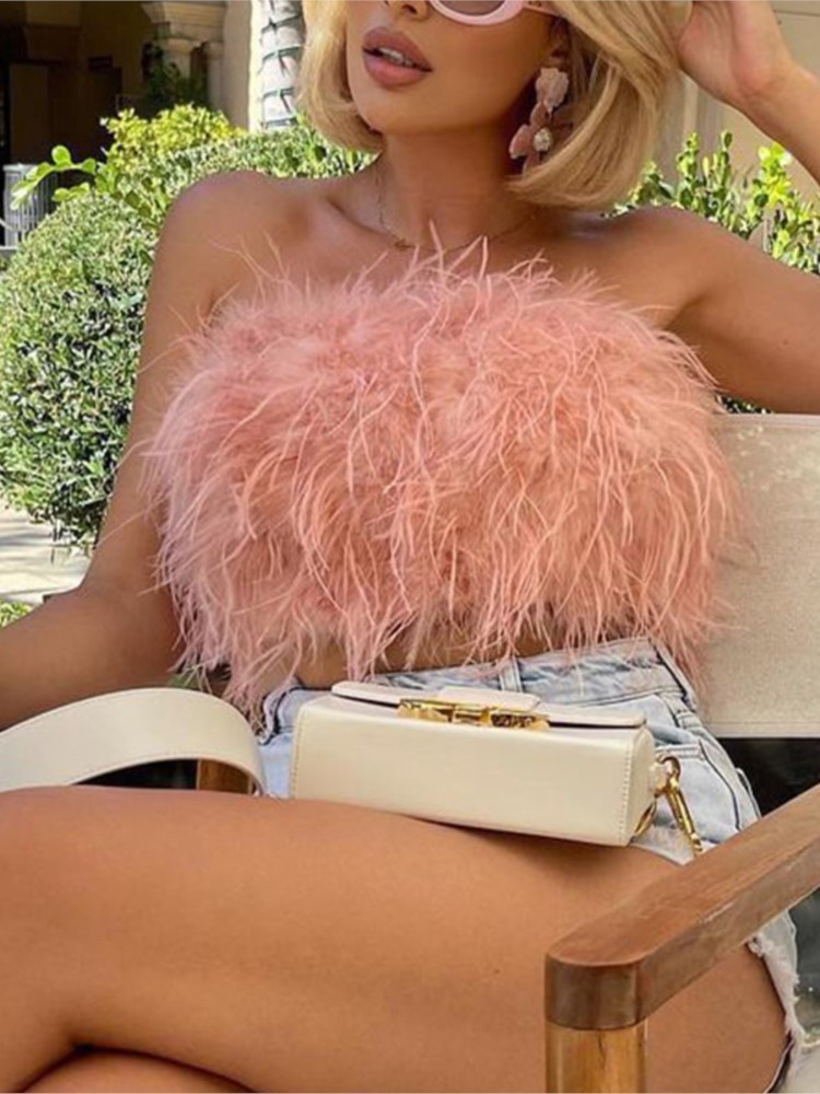 Summer Fashion Women Sexy Fluffy Furry Tube Top Female Trendy Chic All-match Feather Decoration Sleeveless Vest 220316