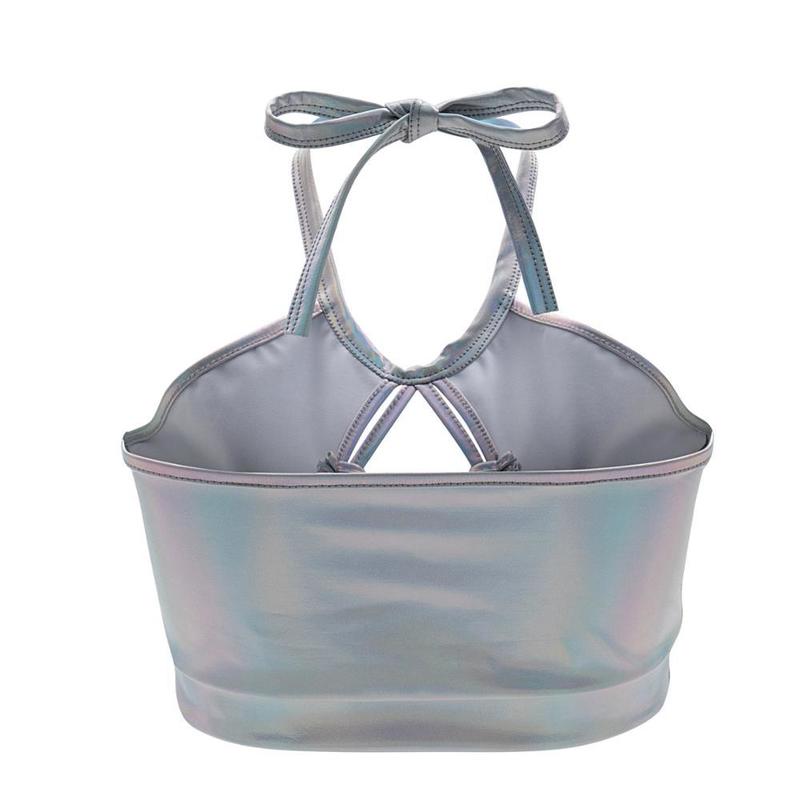 Women Sexy Wetlook Metallic Crop Top Shiny Halter Backless Lace-up Holographic Cami Tank Rave Dance Vest Party Clubwear 220325