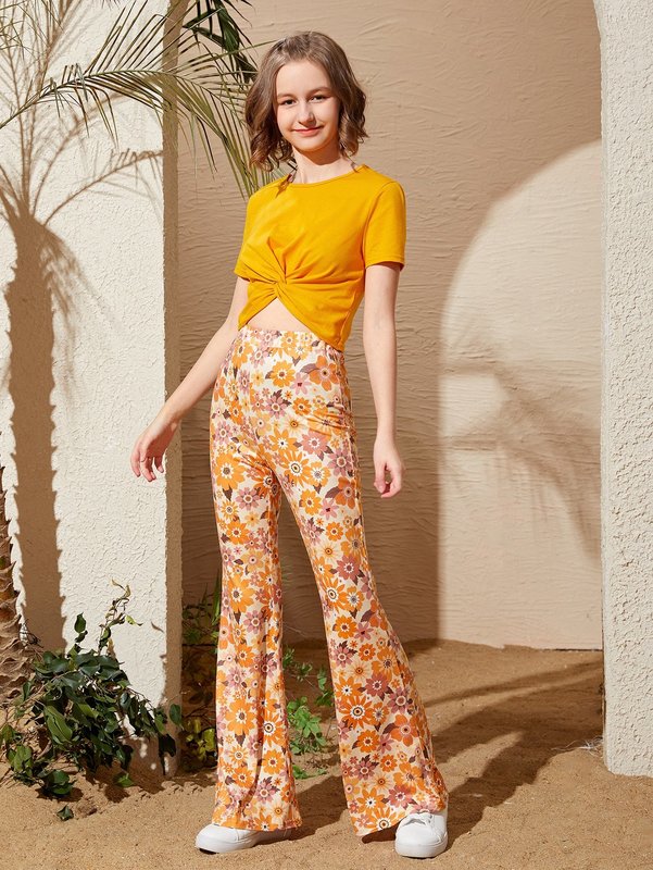 Teen Girls Twist Front Crop Top & Floral Print Pants Set SHE