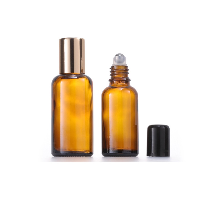 Amber Glass Roll On Bottles with Stainless Steel Roller Ball Black/Gold Cap for essential Oil Perfume Portable Size 5ml 10ml 15ml 20ml 30ml 50ml 100ml