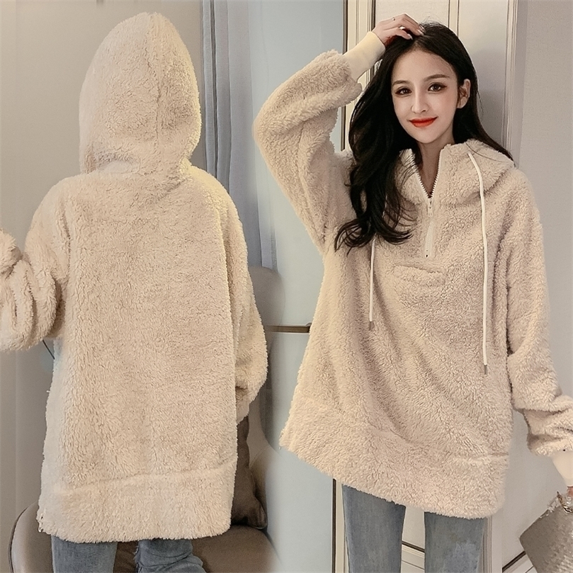 Qiu dong lambs Mao Wei han edition loose clothing female hedge fuzzy female long hooded students lambs wool coat 201204