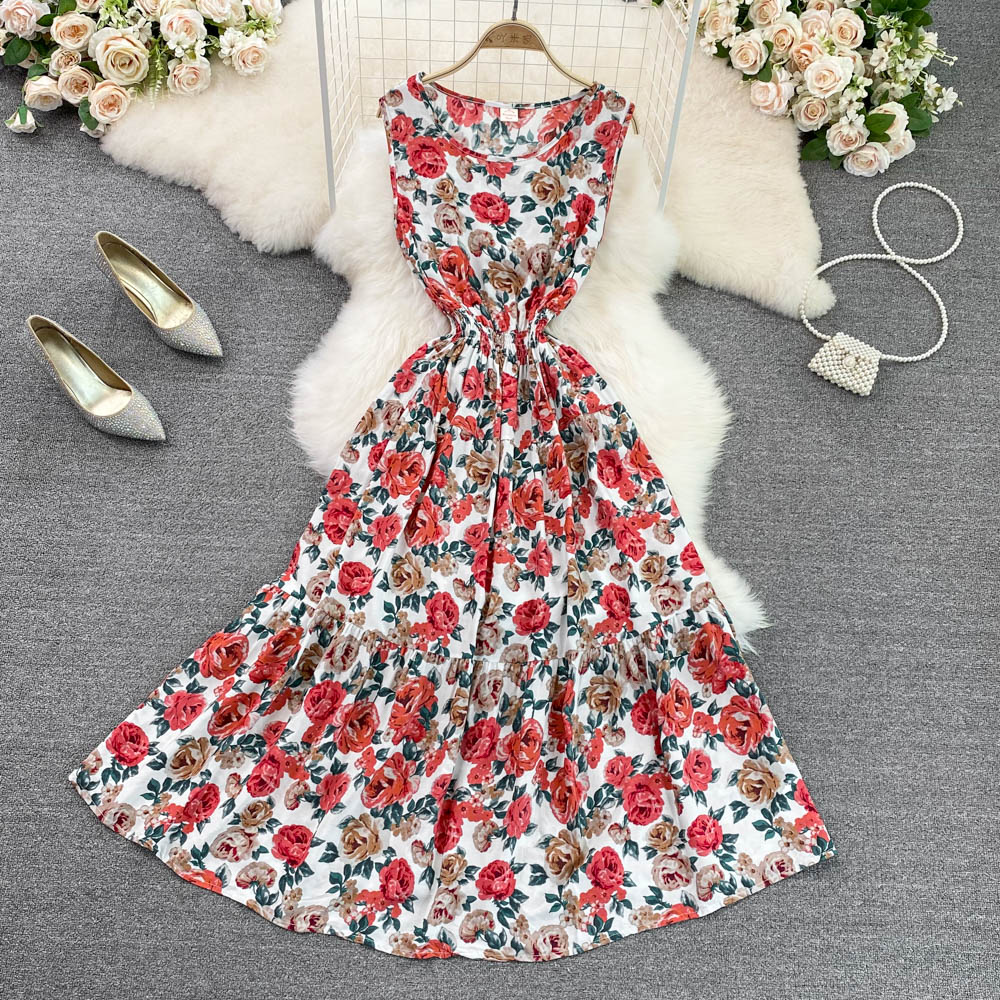 Summer new design womens beach holiday ethnic geometric floral print o-neck sleeveless cotton fabric elastic waist maxi long big expansion dress