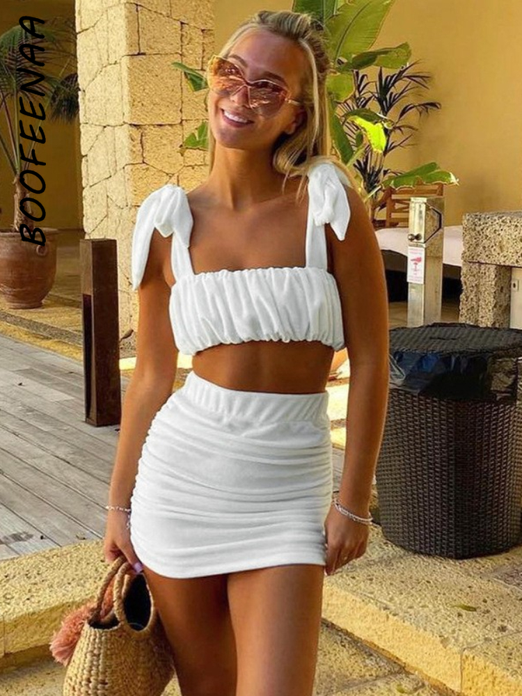 BOOFEENAA Women Clothing 2 Pieces Set Bow Tie Ruched Mini Skirts and Crop Top Sexy Summer Outfits Matching Sets C83CE29 220602