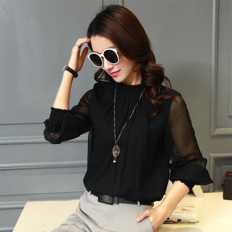 Chiffon Blouse Women Tops Long Sleeve Stand Neck Work Wear Shirts Elegant Lady Blouses Casual Solid Color Blusas 220322