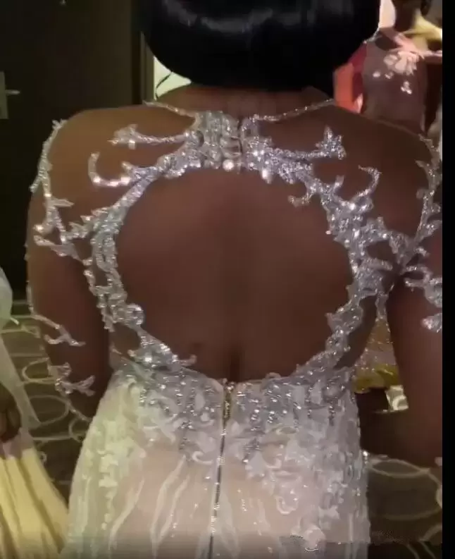 Mermaid Gorgeous Lace Wedding Dresses Bridal Gown with Long Sleeves Crystals Beaded Sweep Train Custom Made Plus Size Sexy Backless Vestidos De Novia
