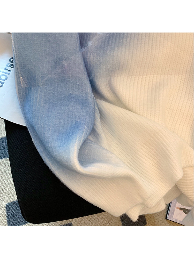 Women Autumn Winter Crewneck Blue White Gradient Knitwear Sweatshirts Loose Long Sleeve Vintage Knitted Pullover Sweater 220817