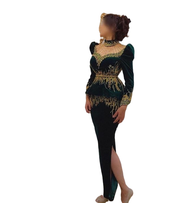 Hunter Green Velvet Prom Outfit Dresses 2022 Gold Lace Embroidery Long Sleeve High Neck Slit Caftanalgerien Caftan Evening Gown