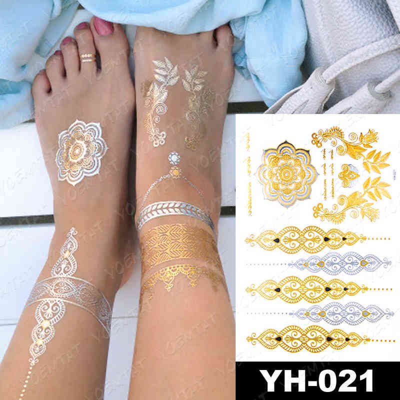 NXY Temporary Tattoo Waterproof Sticker Flowers Mandala Henna Gold Silver Metallic Flash Tatoo Boho Lotus Jewelry Glitter Body Art 0330